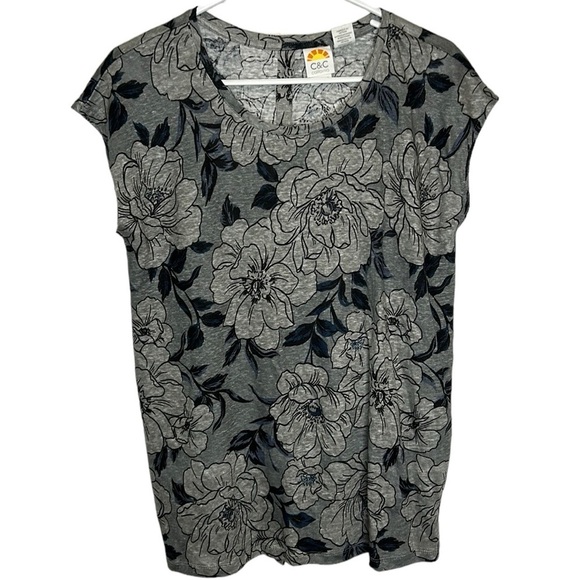 C&C California‎ Linen Button Back Shirt Women's Medium Gray Black Floral - Picture 2 of 6
